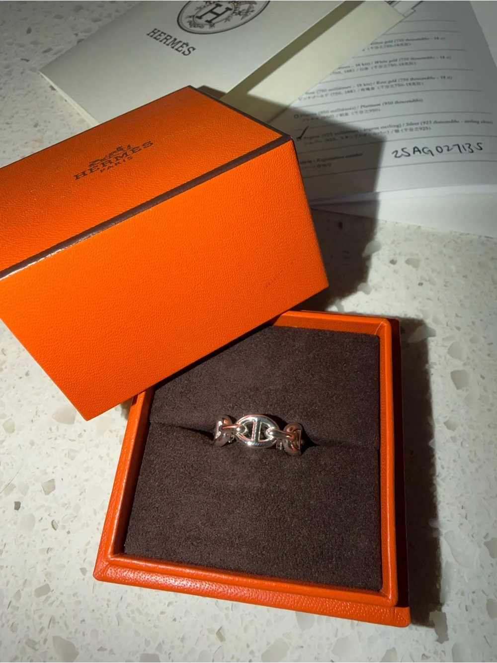 Hermes Silver Chaîne d'Ancre Ring with Orange Box
